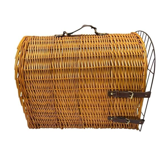 Medium Wicker Pet Carrier Plaid Lining Cat Dog Travel Vacation Luggage - Picture 6 of 16